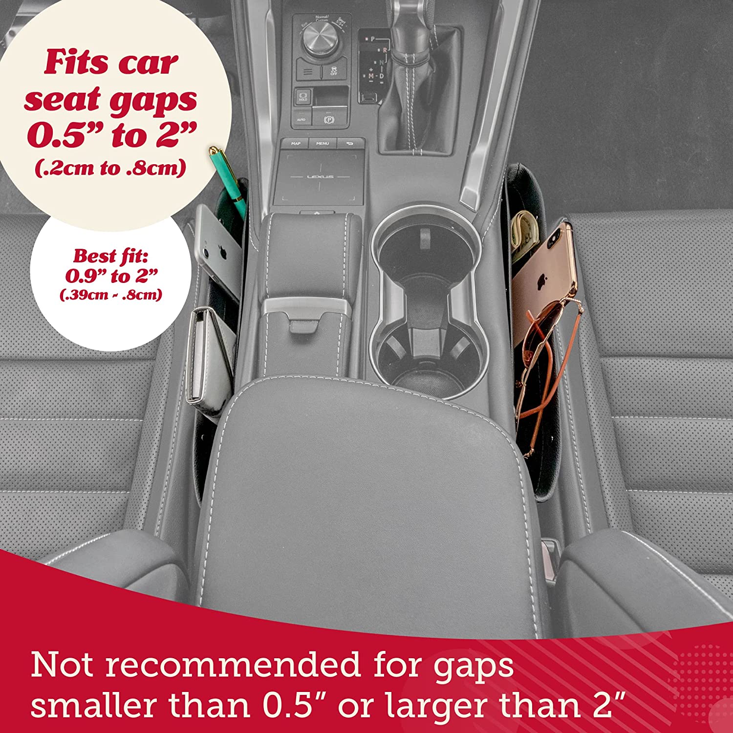 Car Seat Gap Organizer 2 Pack, Compatible with All Cars, Vegan Leather Car Seat Gap Filler Organizer with Universal Fit, Adjustable Gap Filler for Car for iPhone, Android, Glasses, Keys, and More