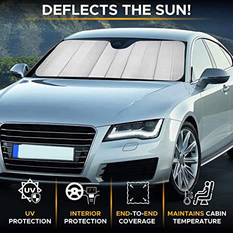 Accordion Sun Shade Car Windshield (Gray) | Foldable Front Window Shade Keeps Sun and Heat Out, Offers UV Protection | Sun Blocker for Car Controls Car Interior Temperature