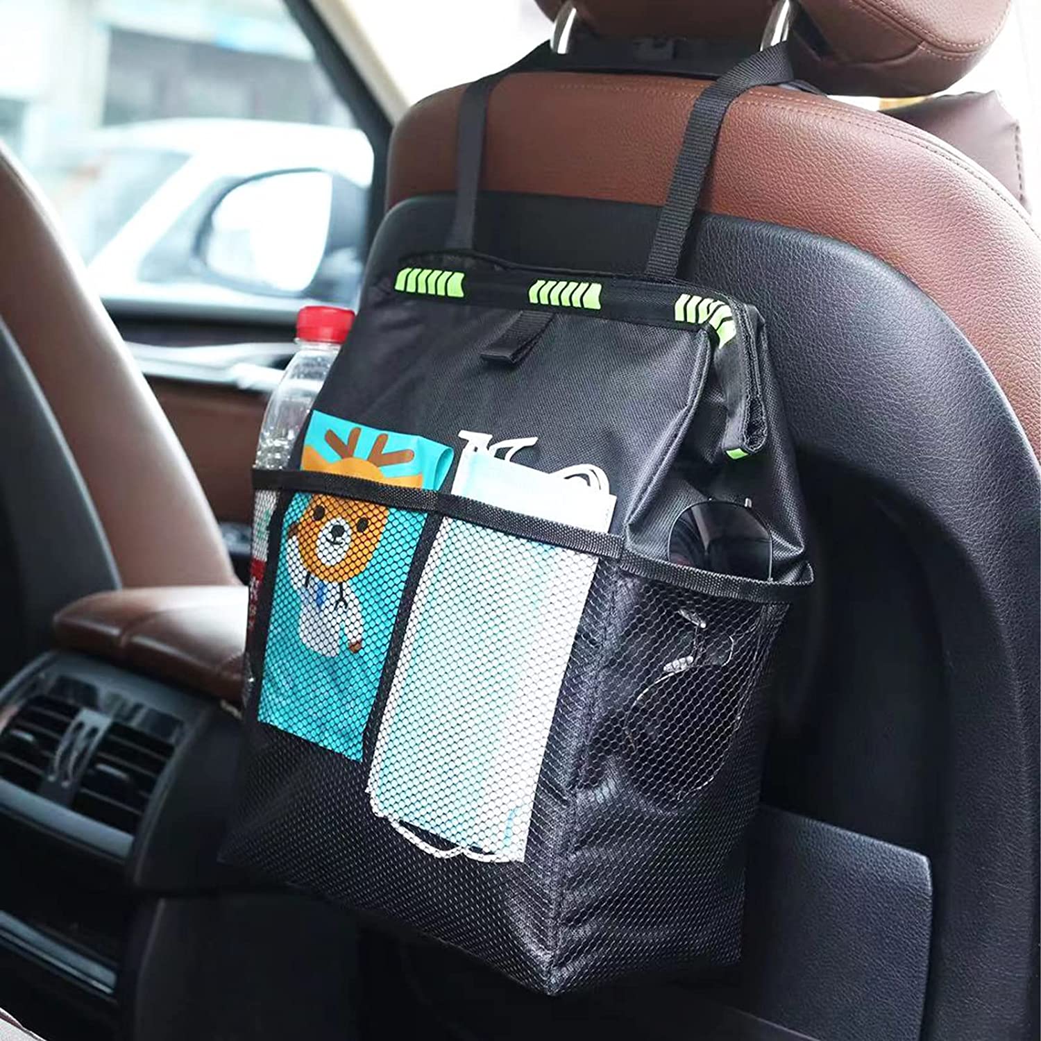 Car Trash Can, Leak Proof Car Trash Bag, 3.5 Gallons Adjustable Hanging Car Garbage Bag, Waterproof Car Trash Bin with Storage and Organizer, Collapsible Car Interior Garbage Can for All Cars