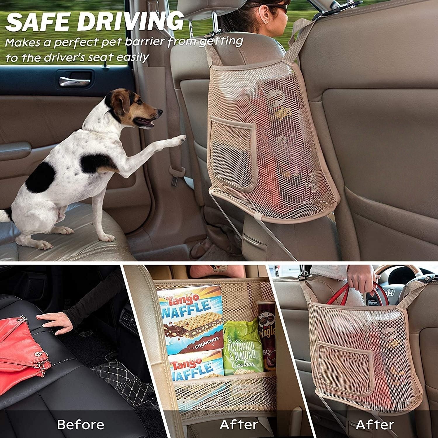 Car Seat Organizer Seat Back Storage Bag, Car Net Pocket Handbag Holder, Barrier of Backseat Dog Pet Kids for Car, Automotive Consoles Purse Holder, Universal Fit for All Cars, Car Accessories