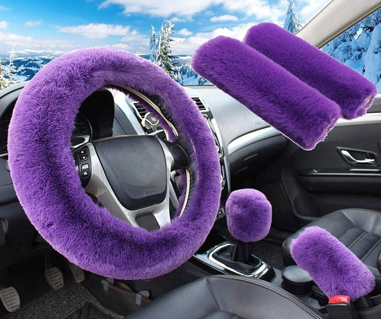5pcs in 1 Set Faux Wool Steering Wheel Cover Soft Fluffy Handbrake Cover & Gear Shift Cover & 2pcs Seat Belt Shoulder Pads Warm Universal Fit for 15 Inch Universal Fit for All Cars