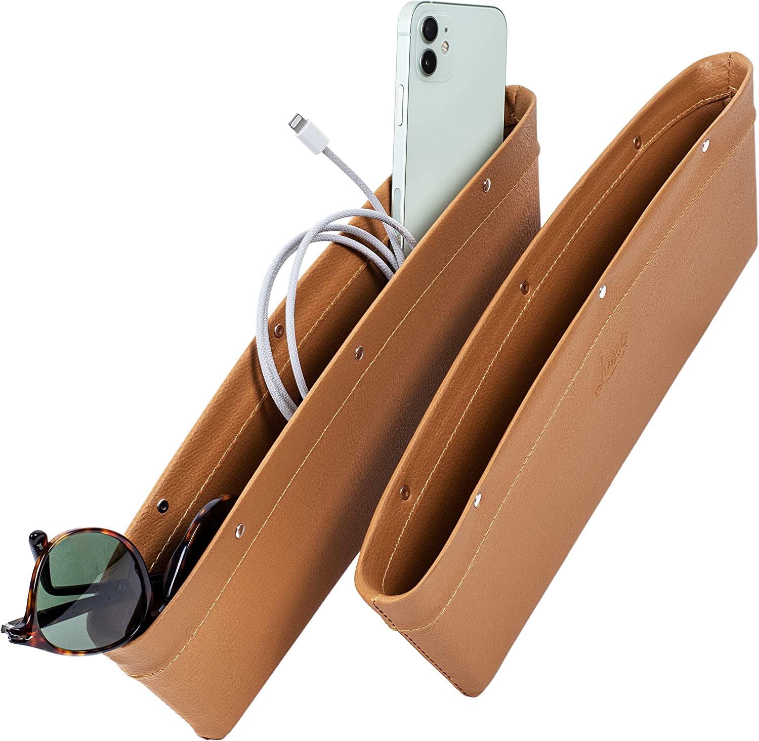 Car Seat Gap Organizer 2 Pack, Compatible with All Cars, Vegan Leather Car Seat Gap Filler Organizer with Universal Fit, Adjustable Gap Filler for Car for iPhone, Android, Glasses, Keys, and More