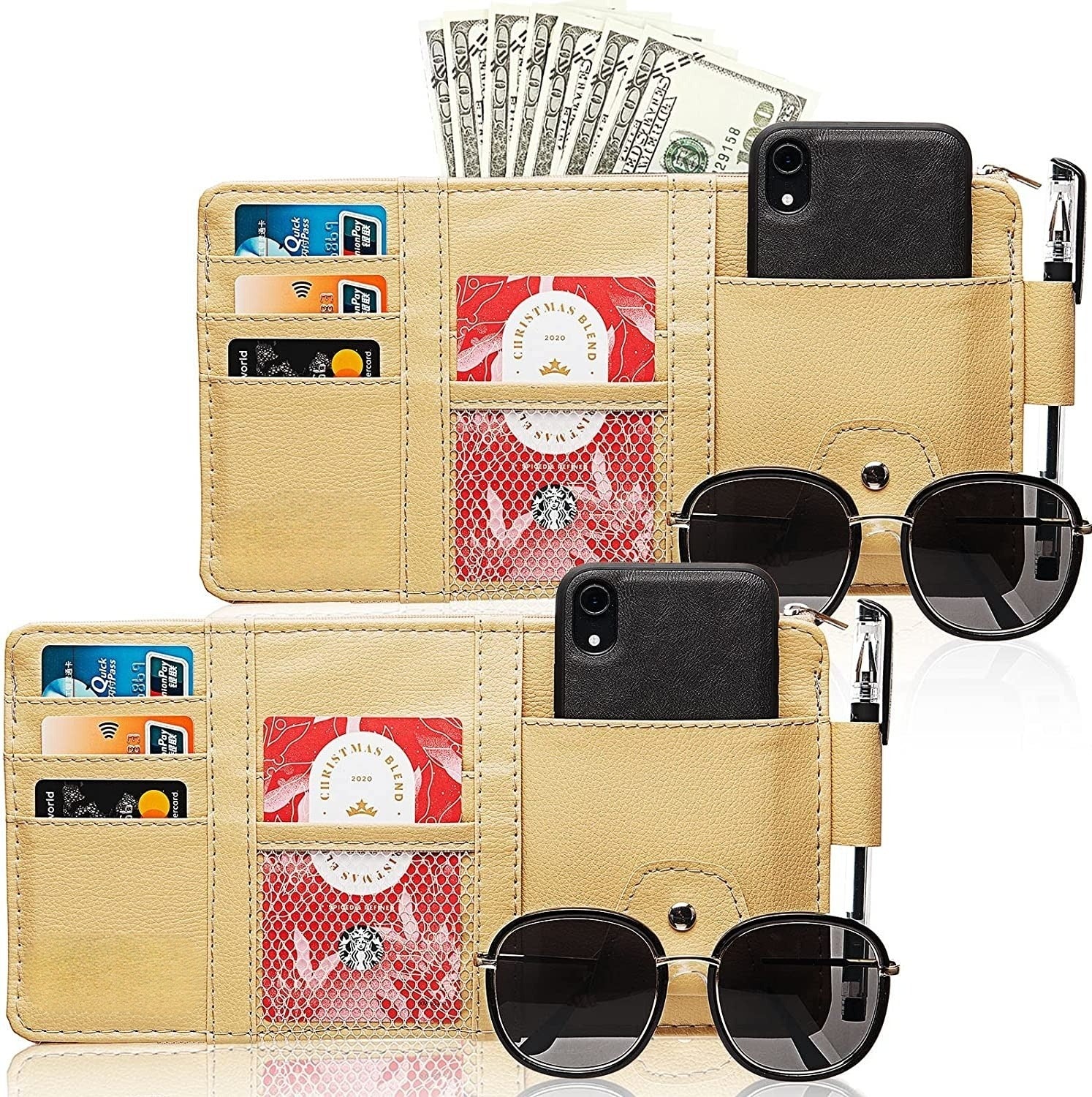 2 Packs Car Sun Visor Organizer, Sunglasses Holders for Car Sun Visor Pu Auto Interior Accessories Storage Travel Document Holder with Multi Pocket Universal Fit for All Cars, Car Accessories