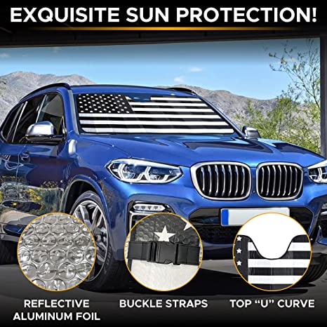 Accordion American Flag Car Sun Shade Windshield | Foldable Car Shield Sun Protector Offers Complete UV Protection | Reflective Sun Shade Car Lowers Interior Temperature