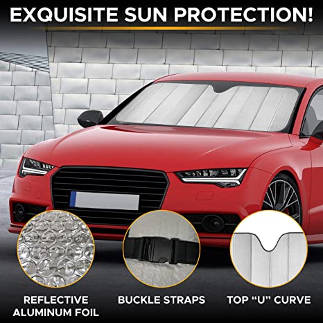 Accordion Sun Shade Car Windshield (Gray) | Foldable Front Window Shade Keeps Sun and Heat Out, Offers UV Protection | Sun Blocker for Car Controls Car Interior Temperature