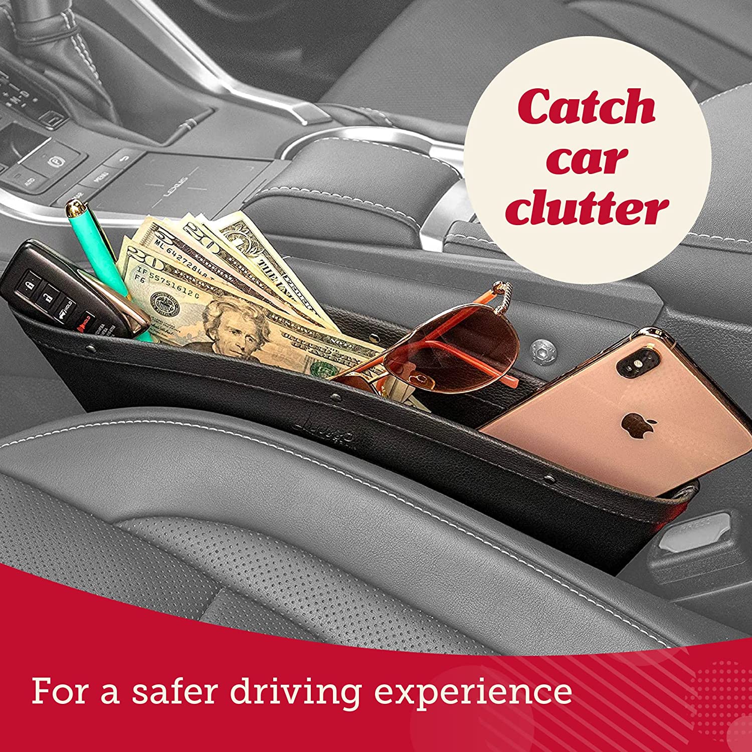 Car Seat Gap Organizer 2 Pack, Compatible with All Cars, Vegan Leather Car Seat Gap Filler Organizer with Universal Fit, Adjustable Gap Filler for Car for iPhone, Android, Glasses, Keys, and More