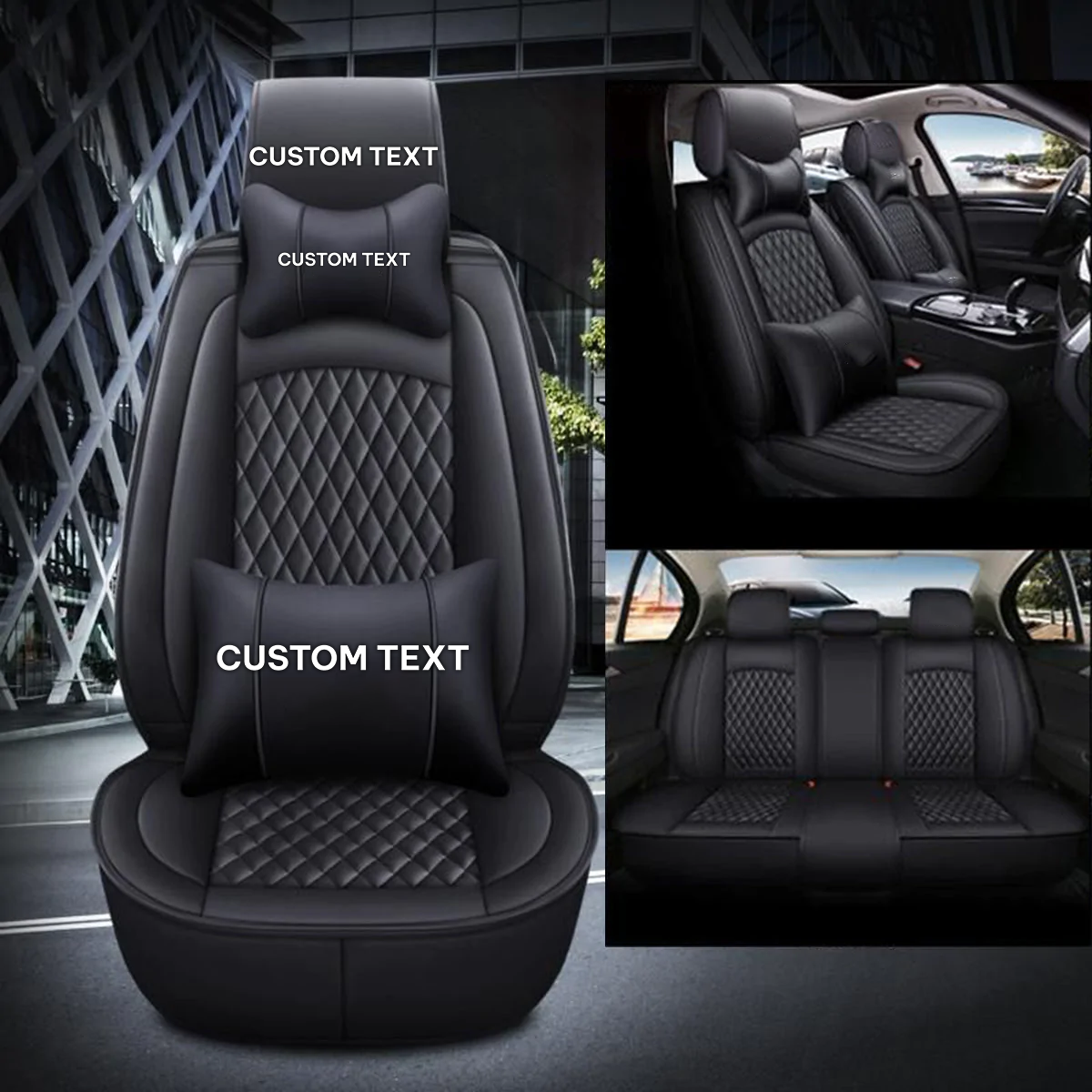 Custom Text For Seat Covers 5 Seats Full Set, Custom Fit For Your Cars, Leatherette Automotive Seat Cushion Protector Universal Fit, Vehicle Auto Interior Decor VE13988