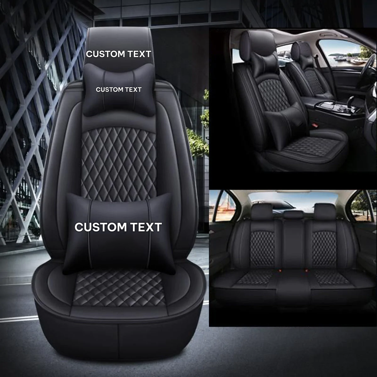 Custom Text For Seat Covers 5 Seats Full Set, Custom Fit For Your Cars, Leatherette Automotive Seat Cushion Protector Universal Fit, Vehicle Auto Interior Decor HY13988