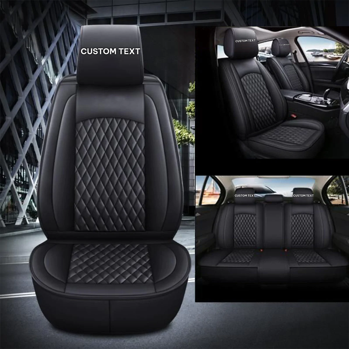 Custom Text For Seat Covers 5 Seats Full Set, Custom Fit For Your Cars, Leatherette Automotive Seat Cushion Protector Universal Fit, Vehicle Auto Interior Decor FT13988