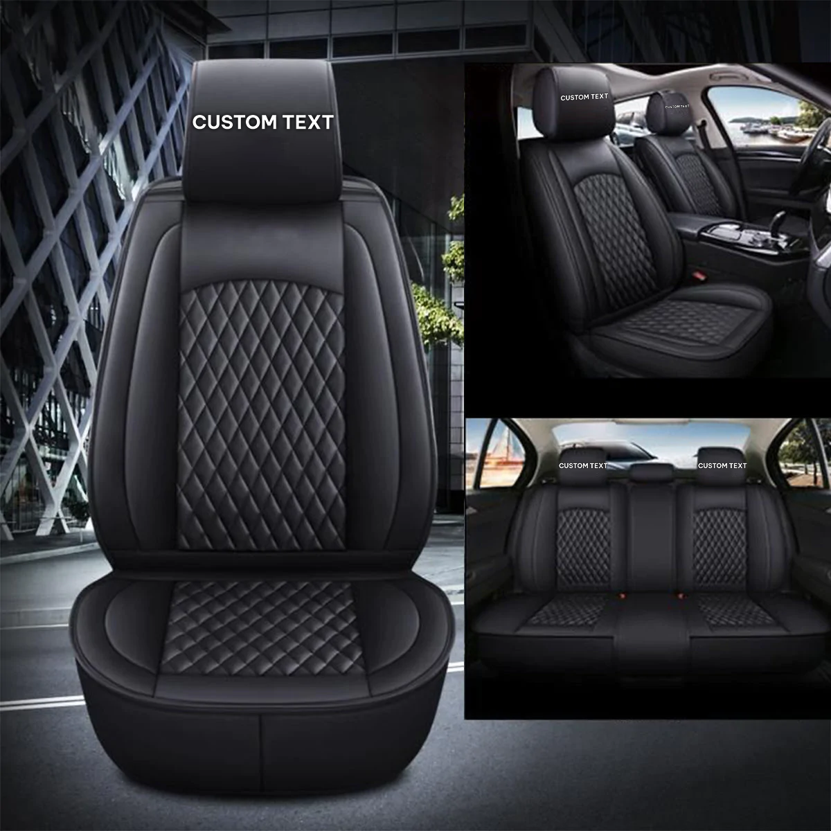 Custom Text For Seat Covers 5 Seats Full Set, Custom Fit For Your Cars, Leatherette Automotive Seat Cushion Protector Universal Fit, Vehicle Auto Interior Decor HY13988