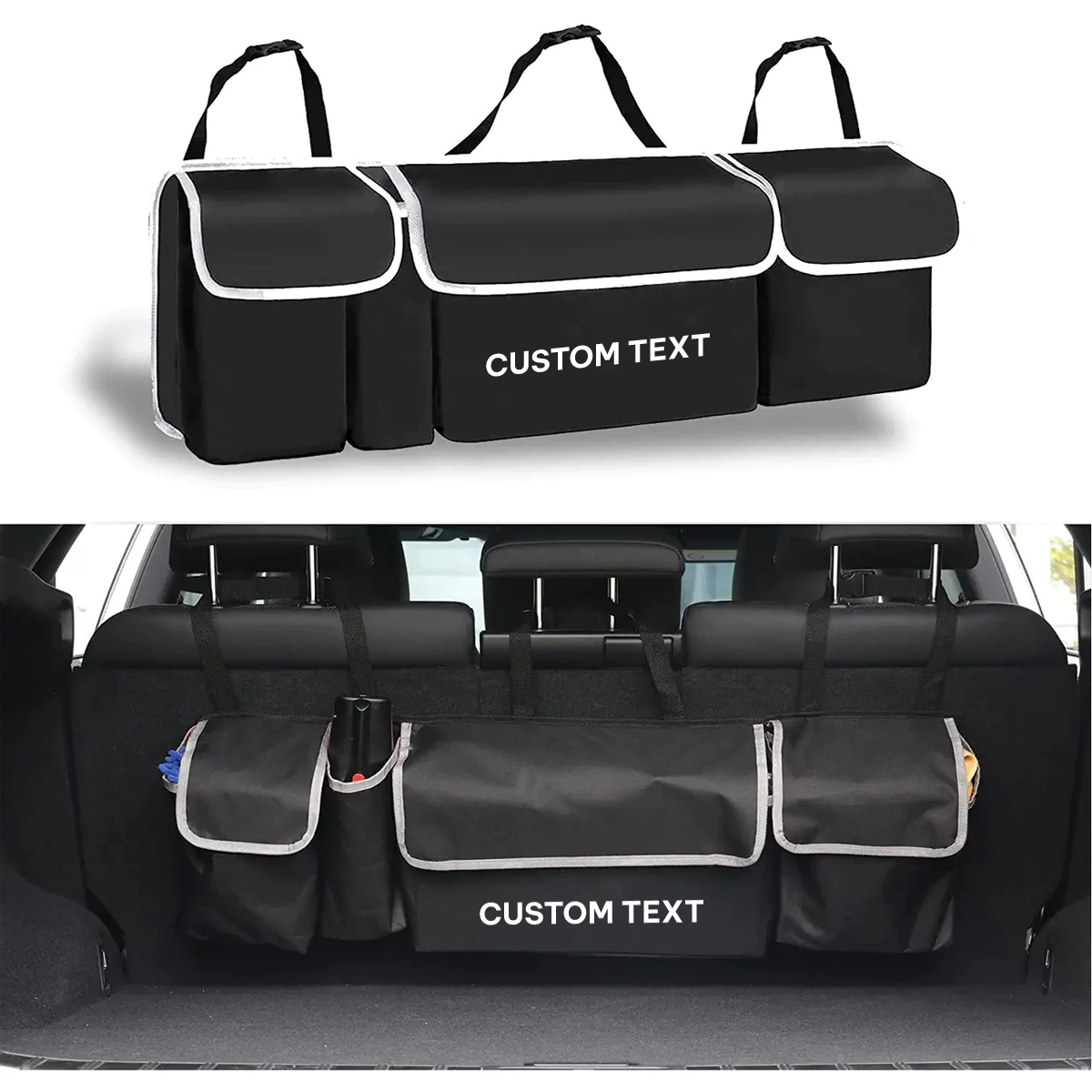Custom Text Car Trunk Hanging Organizer, Thick Backseat Trunk Storage Bag with 4 Pockets and 3 Adjustable Shoulder Straps, Foldable Car Trunk Interior Accessories Releases Your Trunk Space