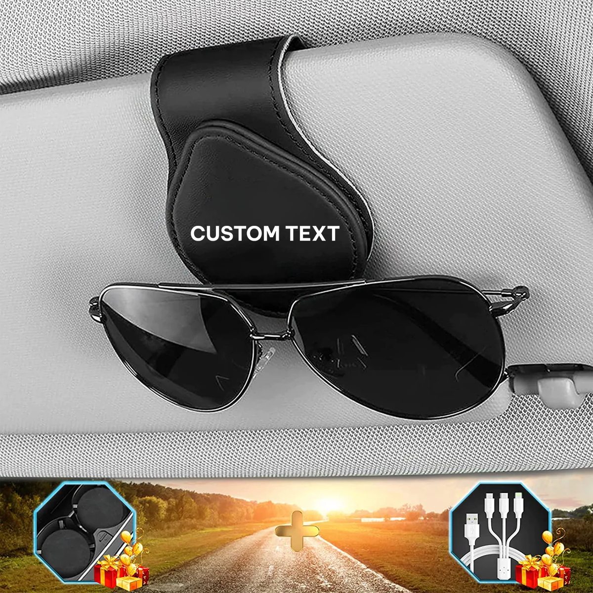 Custom Text Sunglasses Holder for Car Visor Clips, Fit with Car, Leather Magnet Adsorption Visor Accessories Car Organizer for Storing Glasses Tickets Eyeglasses Hanger