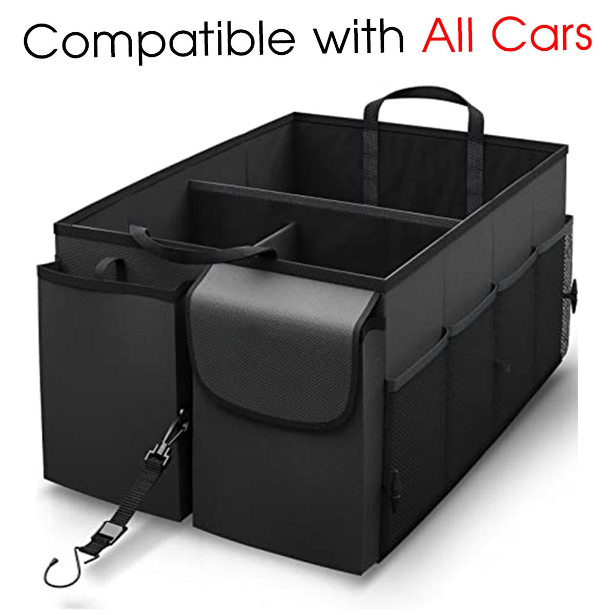 Car Trunk Organizer - Collapsible, Custom fit for All Cars, Multi-Compartment Automotive SUV Car Organizer for Storage w/ Adjustable Straps - Car Accessories for Women and Men SU12993