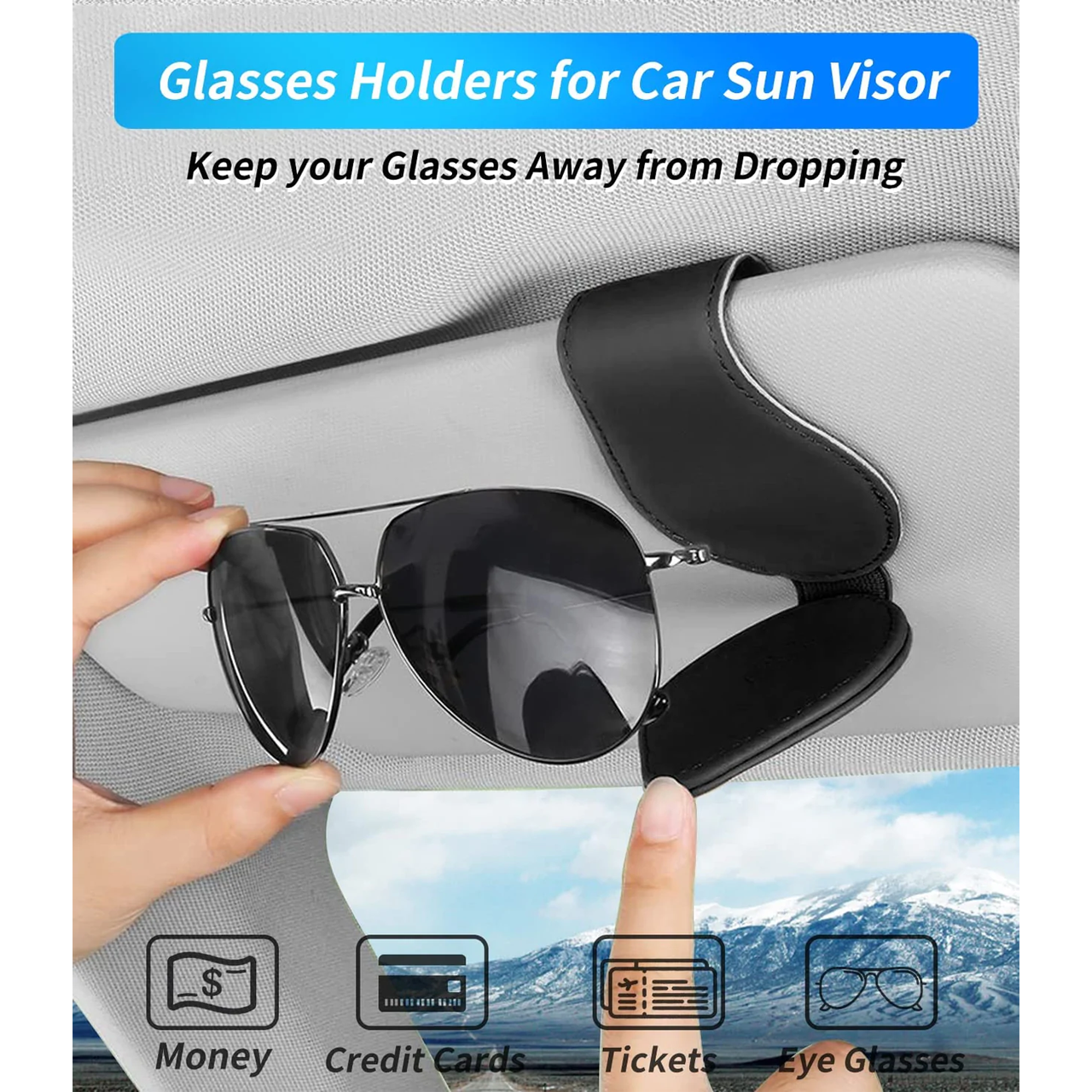 Custom Text Sunglasses Holder for Car Visor Clips, Fit with Car, Leather Magnet Adsorption Visor Accessories Car Organizer for Storing Glasses Tickets Eyeglasses Hanger