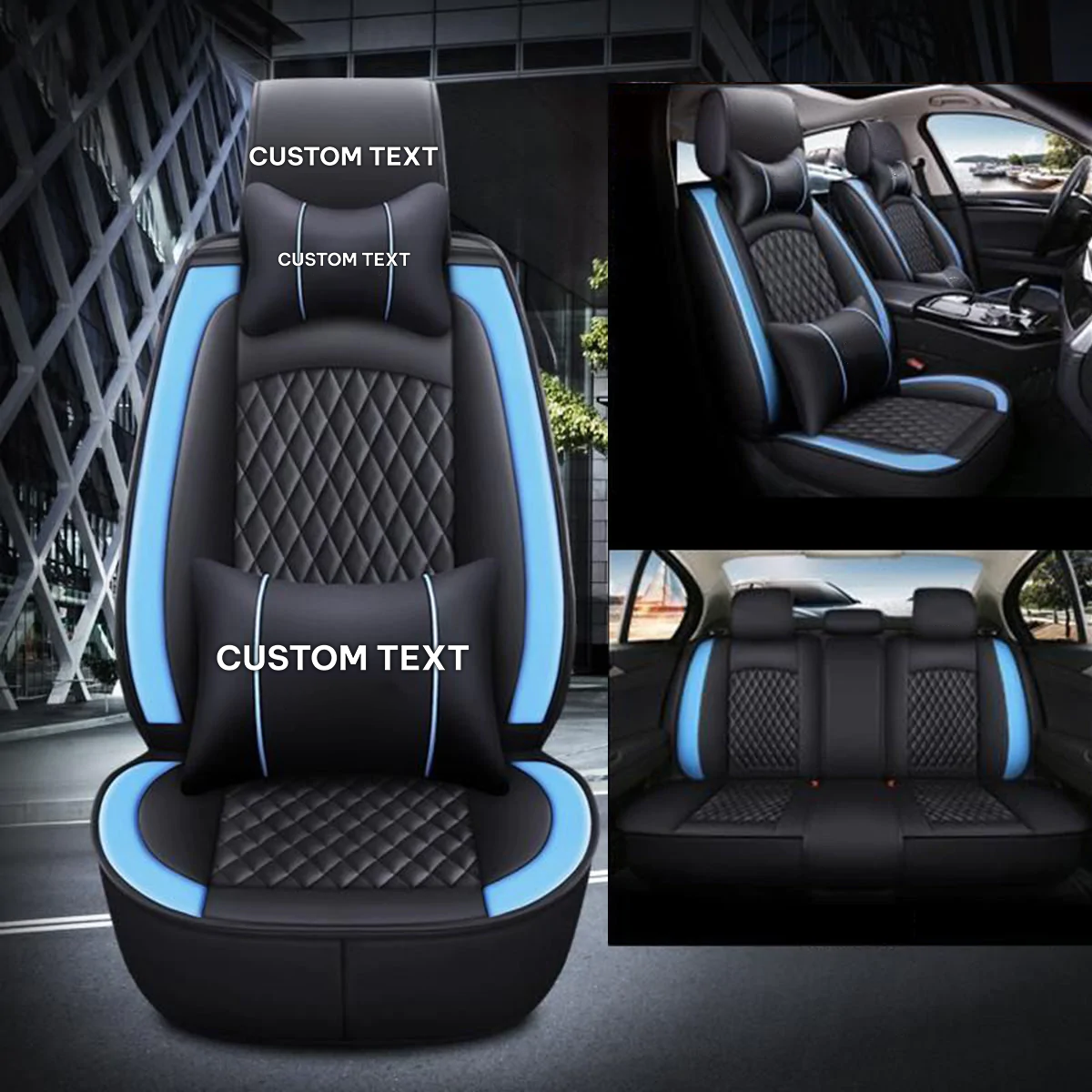 Custom Text For Seat Covers 5 Seats Full Set, Custom Fit For Your Cars, Leatherette Automotive Seat Cushion Protector Universal Fit, Vehicle Auto Interior Decor DE13988