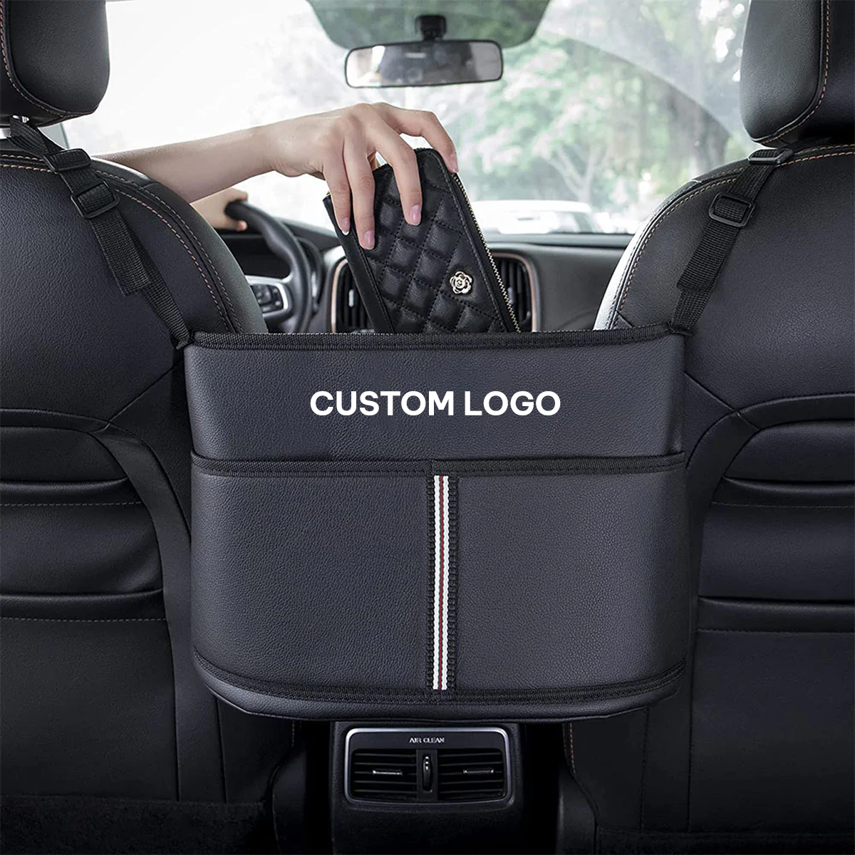 Custom Logo Car Purse Holder for Car, Fit with Cars, Handbag Holder Between Seats Premium PU Leather, Auto Driver Or Passenger Accessories Organizer, Hanging Car Purse Storage Pocket Back Seat Pet Barrier