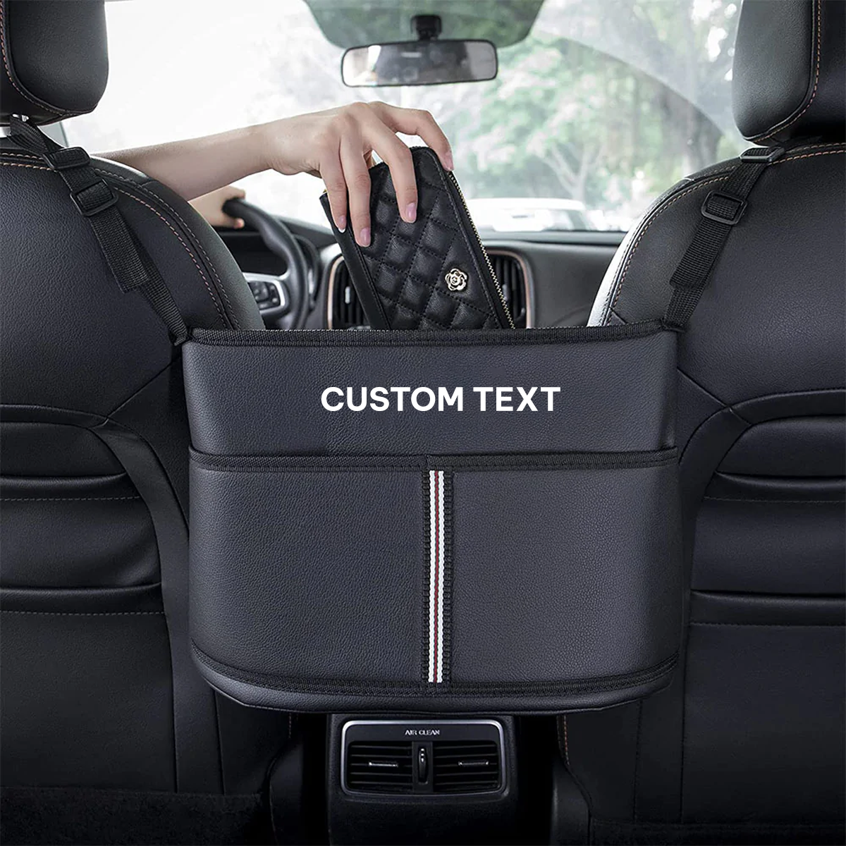 Custom Text For Car Purse Holder for Car Handbag Holder Between Seats Premium PU Leather, Compatible with All Cars, Auto Driver Or Passenger Accessories Organizer, Hanging Car Purse Storage Pocket Back Seat Pet Barrier TS11991