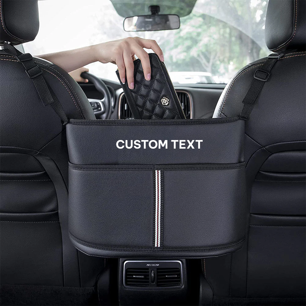 Custom Text For Car Purse Holder for Car Handbag Holder Between Seats Premium PU Leather, Custom Fit For Your Cars, Auto Driver Or Passenger Accessories Organizer, Hanging Car Purse Storage Pocket Back Seat Pet Barrier AC11991