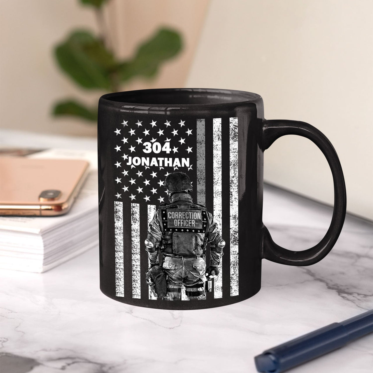 Personalized Custom Name Correctional Badge Number Thin Silver Grey Gray Line American Flag First Responder Black Ceramic Coffee Tea Mug 11 - 15 oz Cup