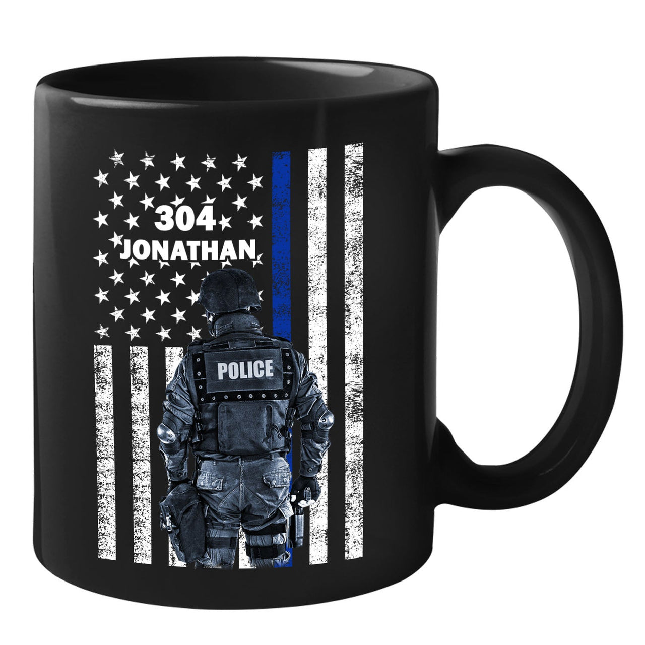 Personalized Custom Name Badge Number Policeman Police Officer Thin Blue Line Lives Matter Back Law Enforcement American Flag First Responder Ceramic Coffee Tea Mug 11 - 15 oz Cup.