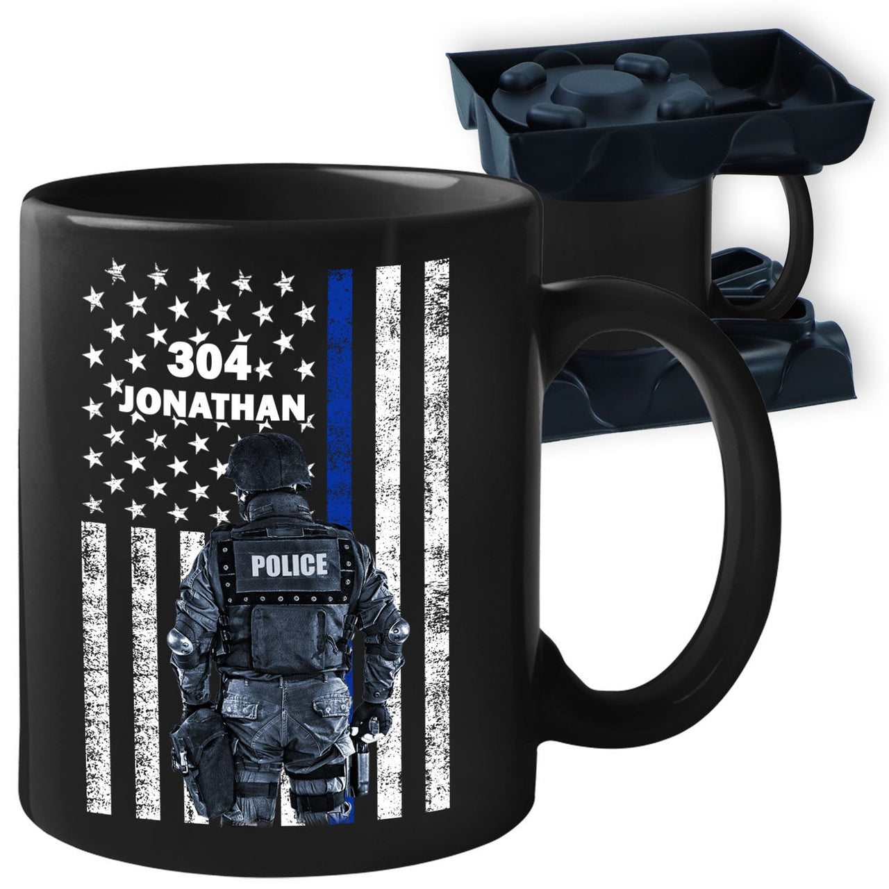 Personalized Custom Name Badge Number Policeman Police Officer Thin Blue Line Lives Matter Back Law Enforcement American Flag First Responder Ceramic Coffee Tea Mug 11 - 15 oz Cup.