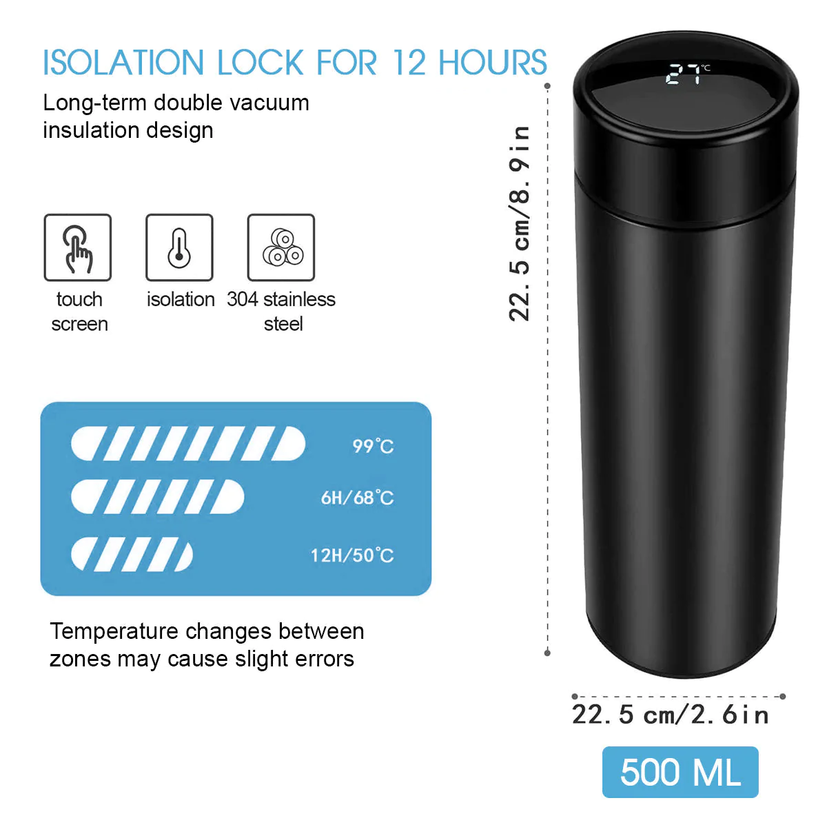 17oz Insulated Water Bottle with LED Temperature Display, Coffee Tea Infuser Bottle Double Wall Vacuum Insulated Water Bottle for Hot or Cold Drink, Stainless Steel Sports Automotive Travel Mug