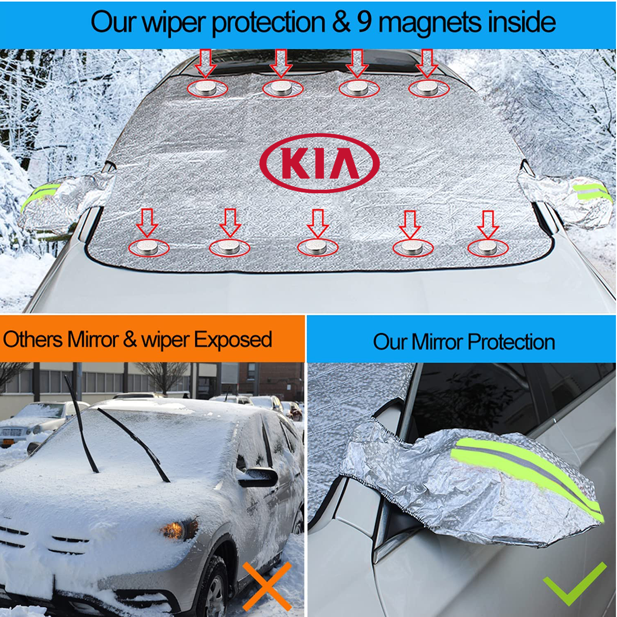 Windshield Cover for Ice and Snow, Custom fit for Car, Magnetic Windshield Cover, Water, Heat & Sag-Proof Car Windshield Snow Cover, Mirror Protector Windproof Sunshade Cover