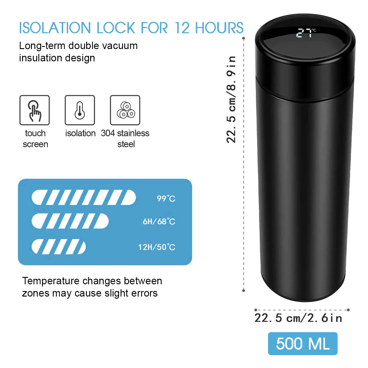 17oz Insulated Water Bottle with LED Temperature Display, Custom