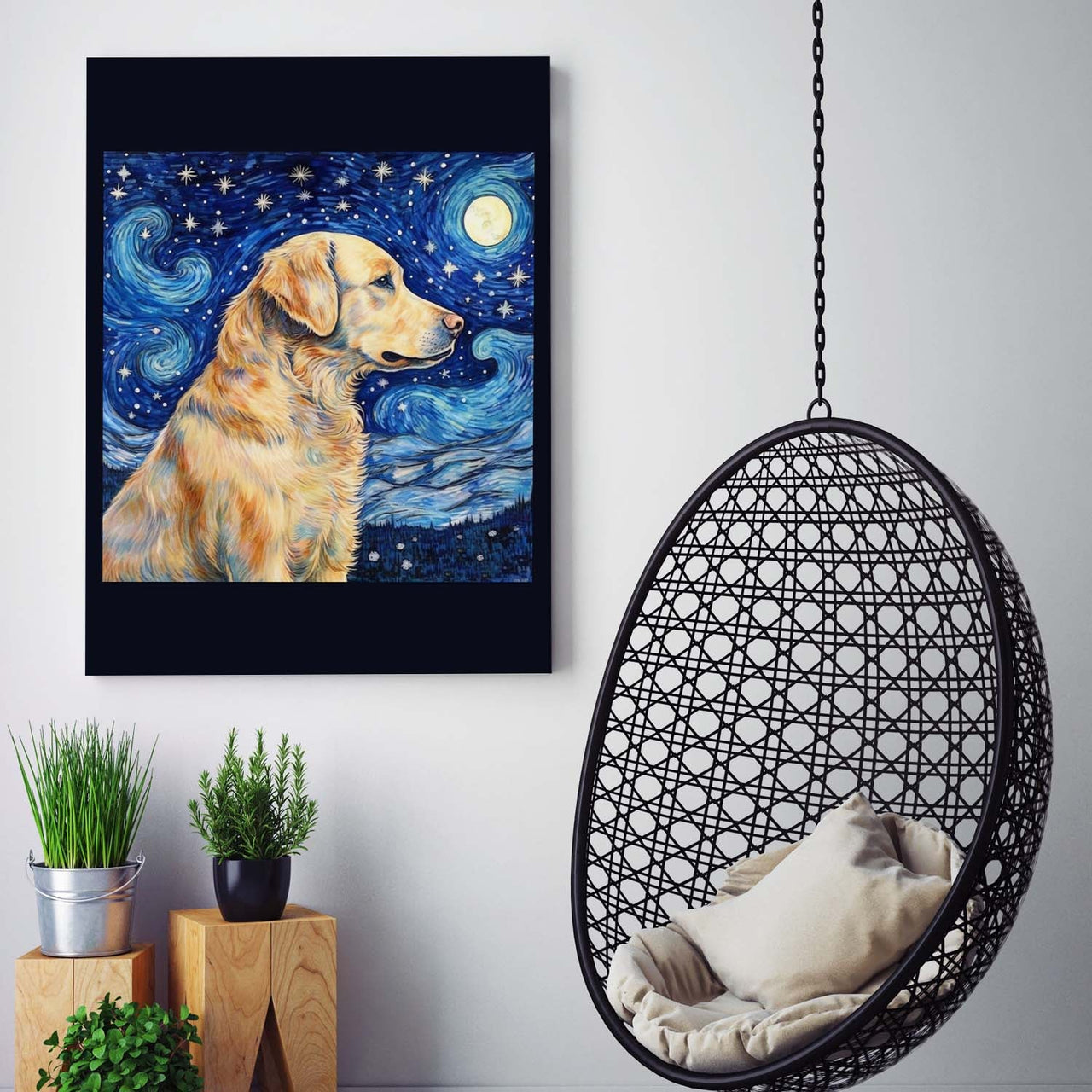 Drawings Golden Retriever Dog 02 Van Goh Style Vintage Framed Canvas Prints Wall Art Hanging Home Decor