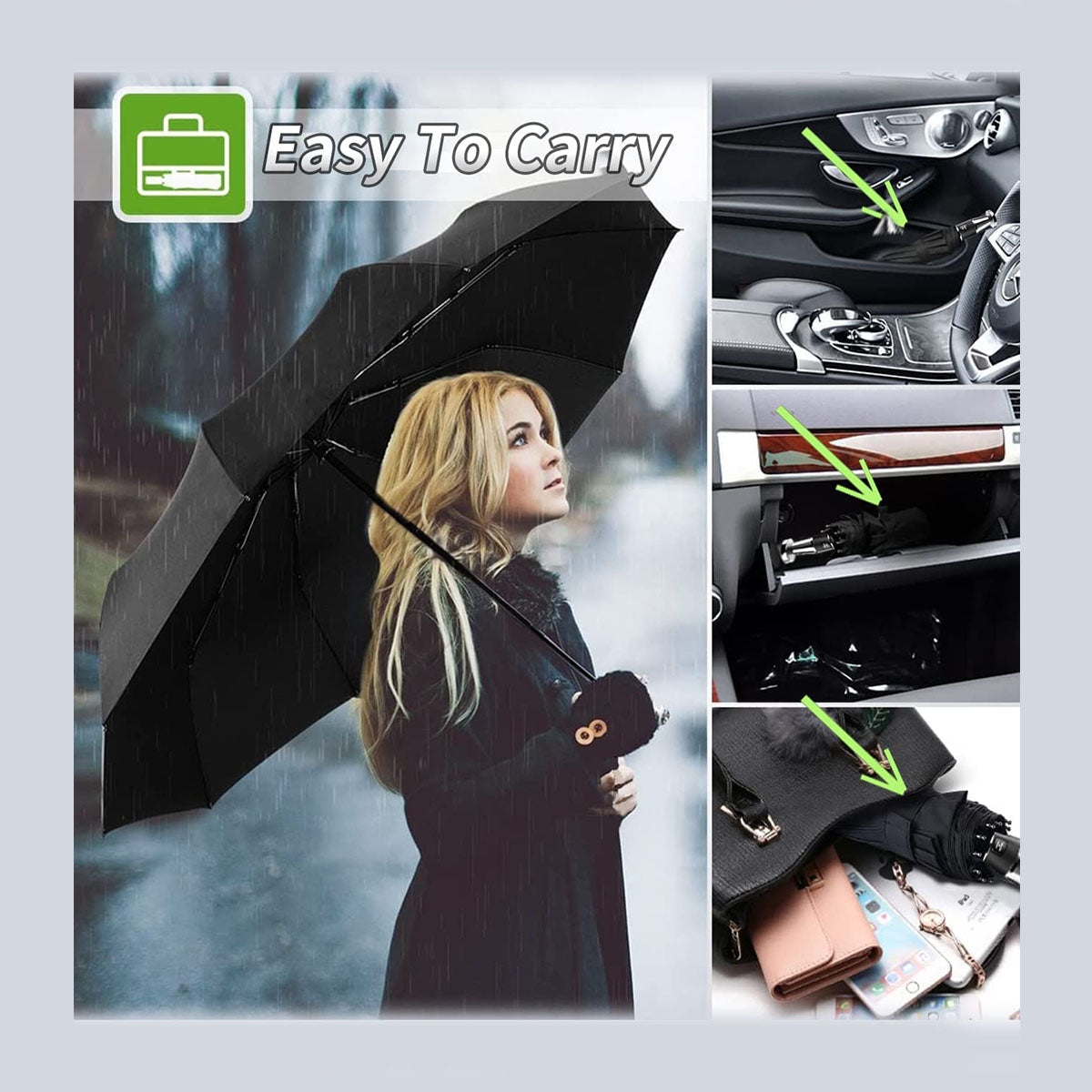 Umbrella for All Cars, 10 Ribs Umbrella Windproof Automatic Folding Umbrella, One-handed use, Rain and Sun Protection, Car Accessories IN13993