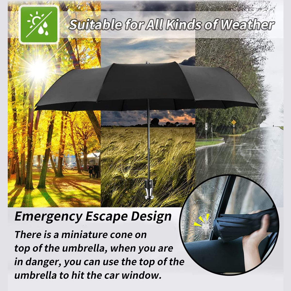 Umbrella for All Cars, 10 Ribs Umbrella Windproof Automatic Folding Umbrella, One-handed use, Rain and Sun Protection, Car Accessories IN13993