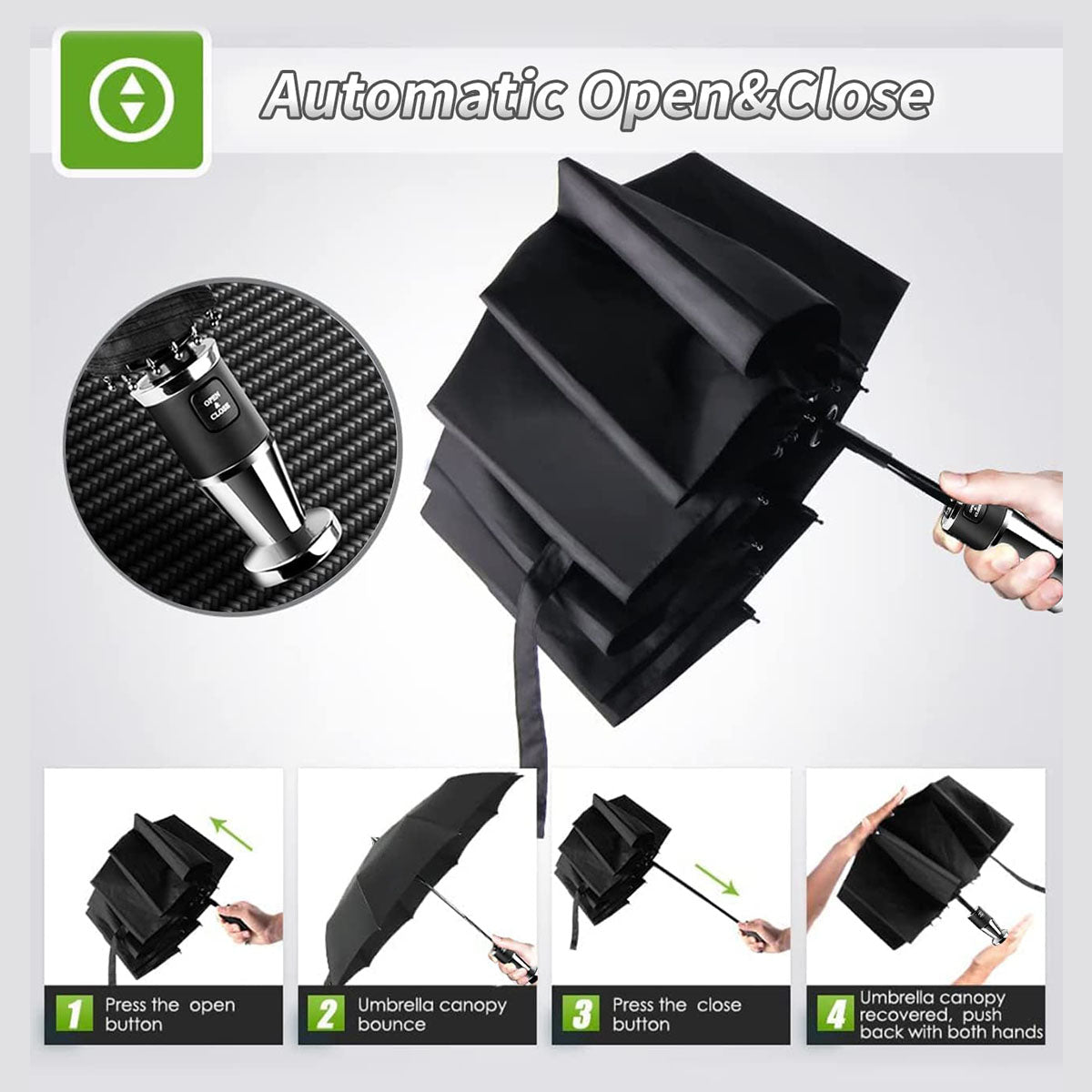 Umbrella for All Cars, 10 Ribs Umbrella Windproof Automatic Folding Umbrella, One-handed use, Rain and Sun Protection, Car Accessories FJ13993