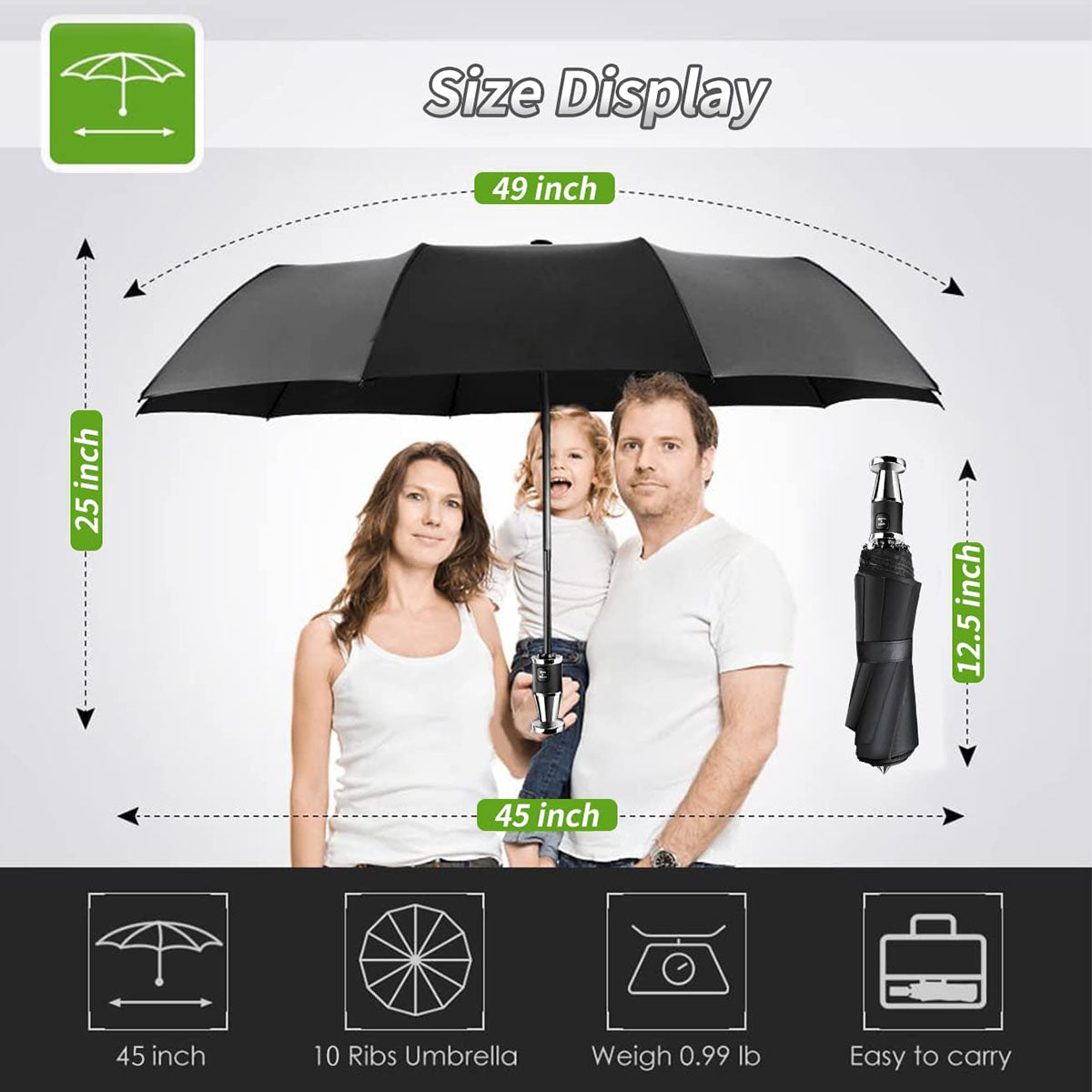 Umbrella for All Cars, 10 Ribs Umbrella Windproof Automatic Folding Umbrella, One-handed use, Rain and Sun Protection, Car Accessories MA13993