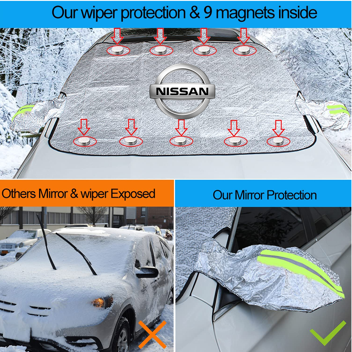 Windshield Cover for Ice and Snow, Custom fit for car, Magnetic Windshield Cover, Water, Heat & Sag-Proof Car Windshield Snow Cover, Mirror Protector Windproof Sunshade Cover