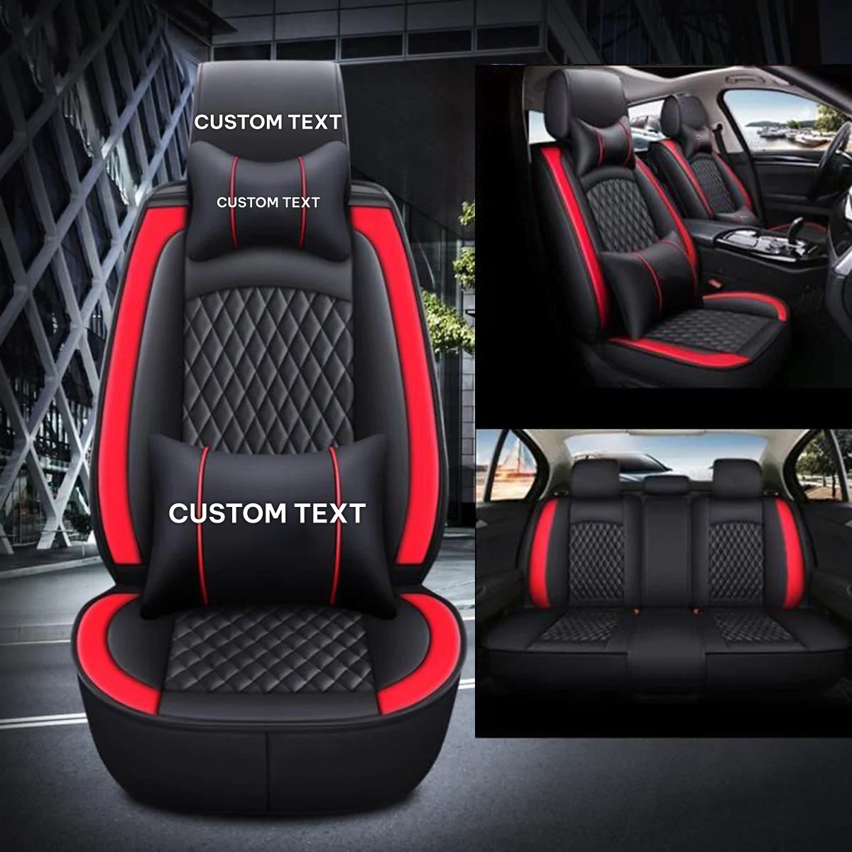 Custom Text For Seat Covers 5 Seats Full Set, Custom Fit For Your Cars, Leatherette Automotive Seat Cushion Protector Universal Fit, Vehicle Auto Interior Decor SU13988