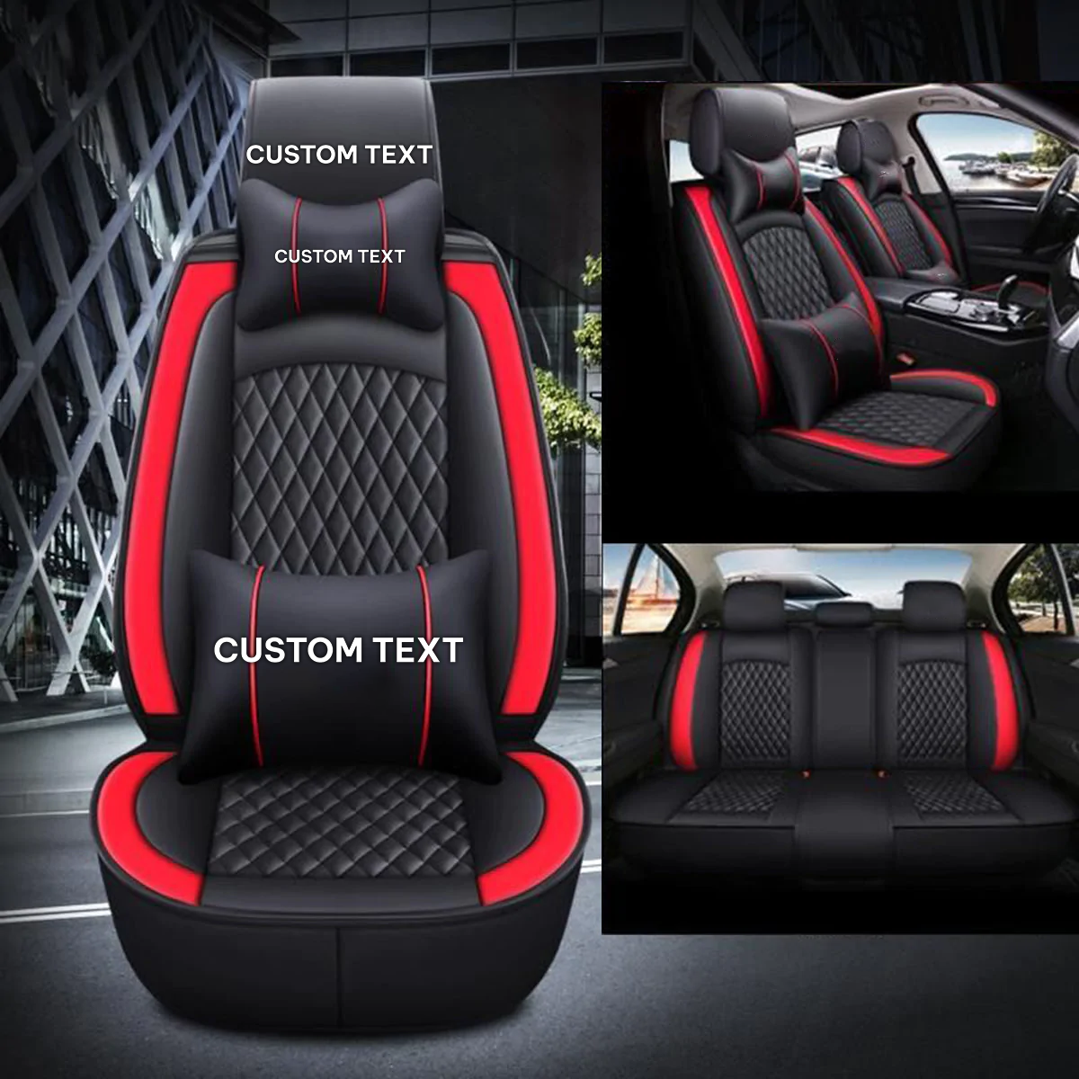 Custom Text For Seat Covers 5 Seats Full Set, Custom Fit For Your Cars, Leatherette Automotive Seat Cushion Protector Universal Fit, Vehicle Auto Interior Decor PE13988