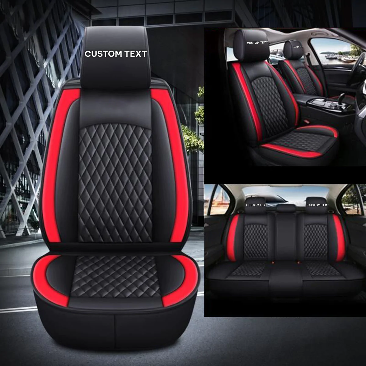 Custom Text For Seat Covers 5 Seats Full Set, Custom Fit For Your Cars, Leatherette Automotive Seat Cushion Protector Universal Fit, Vehicle Auto Interior Decor KO13988