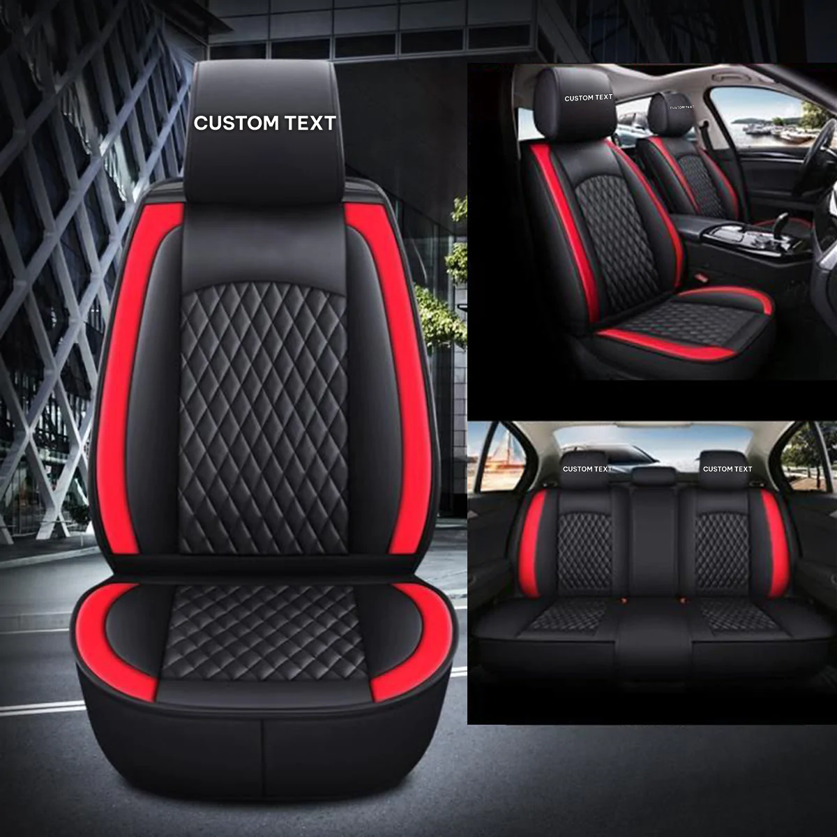Custom Text For Seat Covers 5 Seats Full Set, Custom Fit For Your Cars, Leatherette Automotive Seat Cushion Protector Universal Fit, Vehicle Auto Interior Decor HY13988