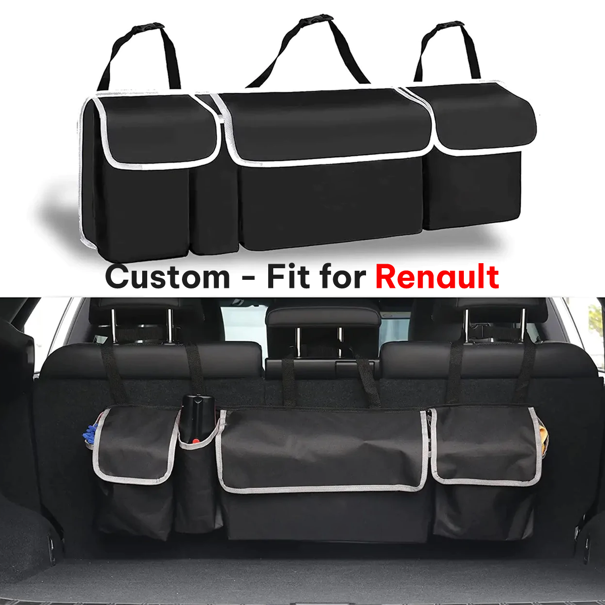 Car Trunk Hanging Organizer Fit Your Car, Thick Backseat Trunk Storage Bag with 4 Pockets and 3 Adjustable Shoulder Straps, Foldable Car Trunk Interior Accessories Releases Your Trunk Space, Free Trunk Floor