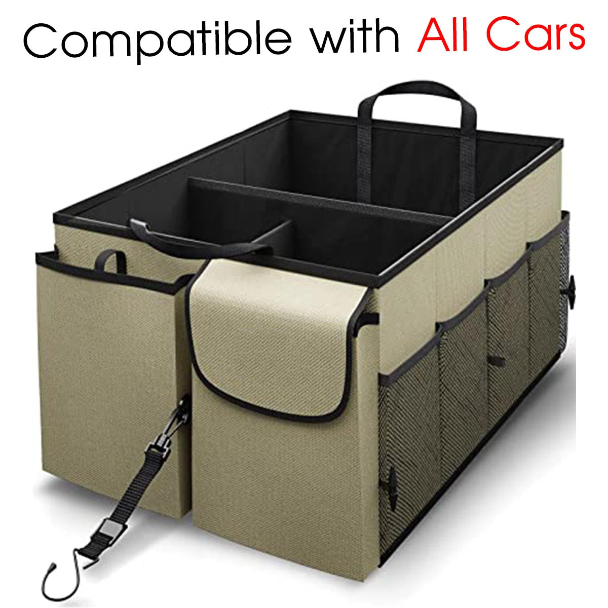 Car Trunk Organizer - Collapsible, Custom fit for All Cars, Multi-Compartment Automotive SUV Car Organizer for Storage w/ Adjustable Straps - Car Accessories for Women and Men SU12993