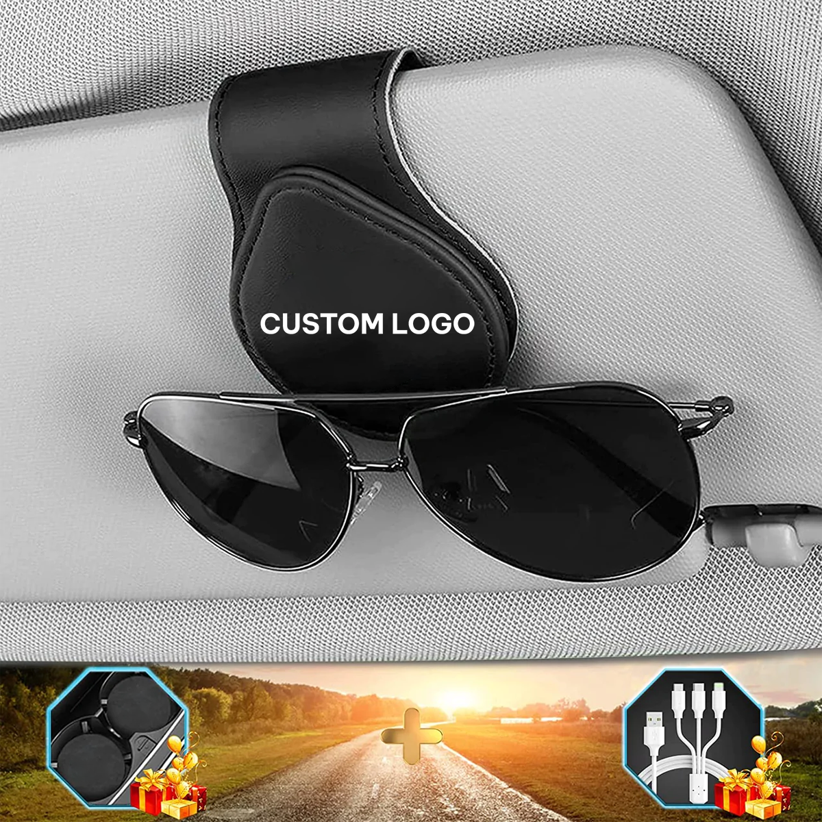 Custom Logo Sunglasses Holder for Car Visor Clips, Leather Magnet Adsorption Visor Accessories Car Organizer for Storing Glasses Tickets Eyeglasses Hanger