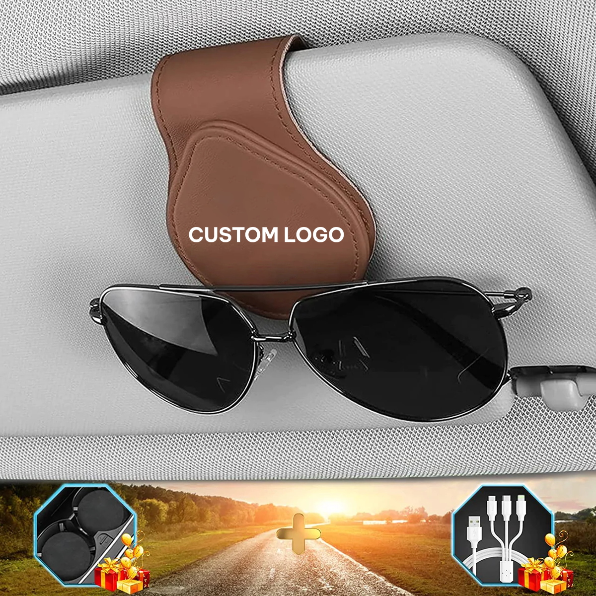 Custom Logo Sunglasses Holder for Car Visor Clips, Leather Magnet Adsorption Visor Accessories Car Organizer for Storing Glasses Tickets Eyeglasses Hanger