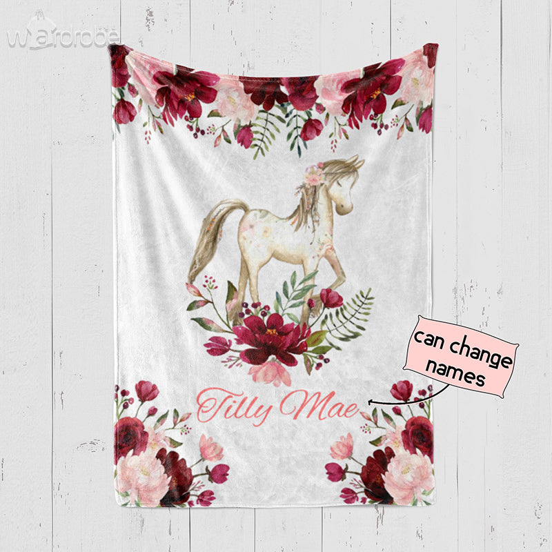 Baby Personalized Custom Name Horse Baby Blanket - Baby Birthday Gifts