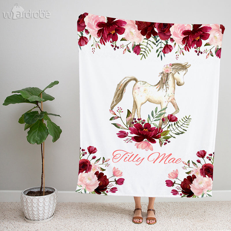 Baby Personalized Custom Name Horse Baby Blanket - Baby Birthday Gifts