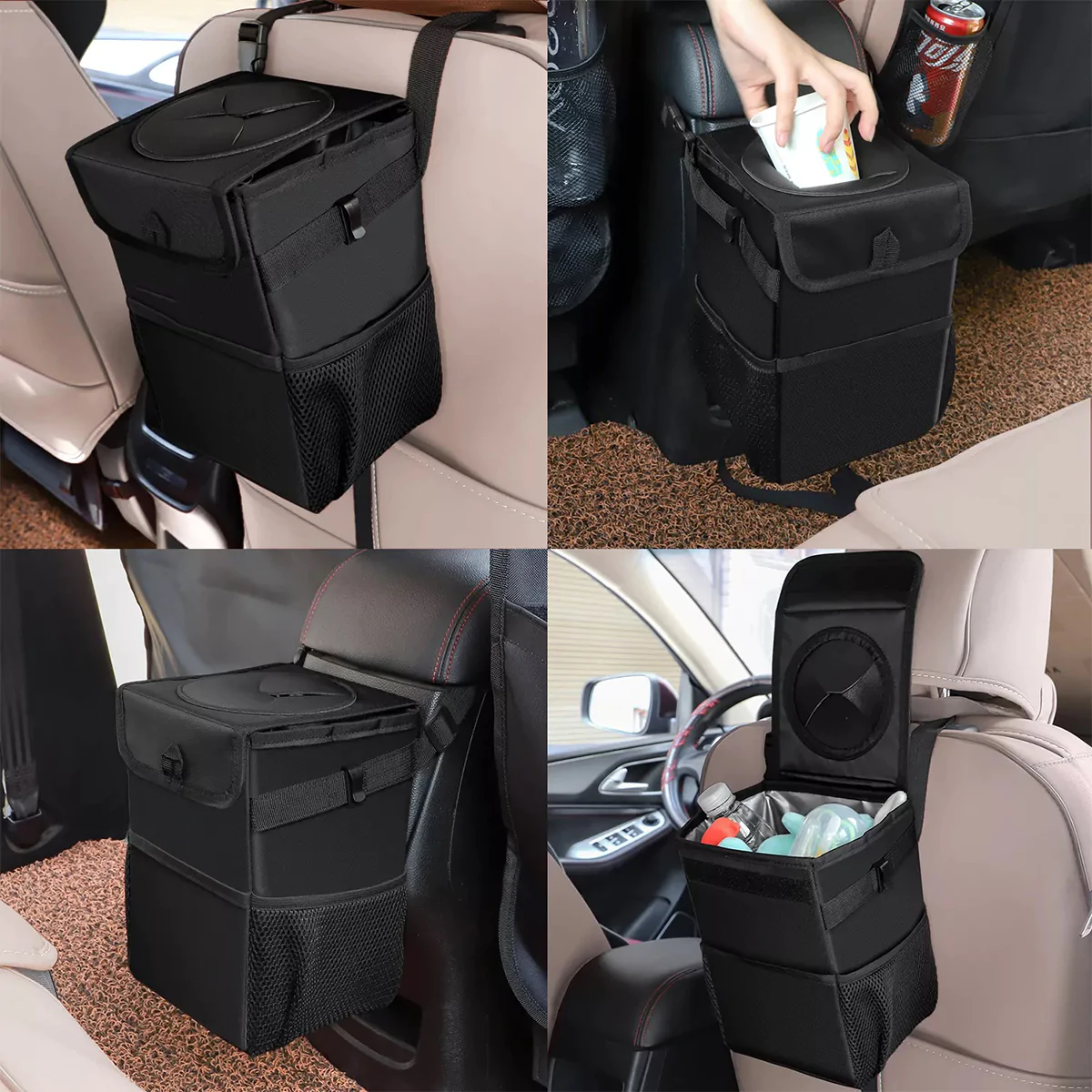 Waterproof Car Trash Can with Lid and Storage Pockets, Custom fit for 100% Leak-Proof Car Organizer, Waterproof Car Garbage Can, Multipurpose Trash Bin for Car
