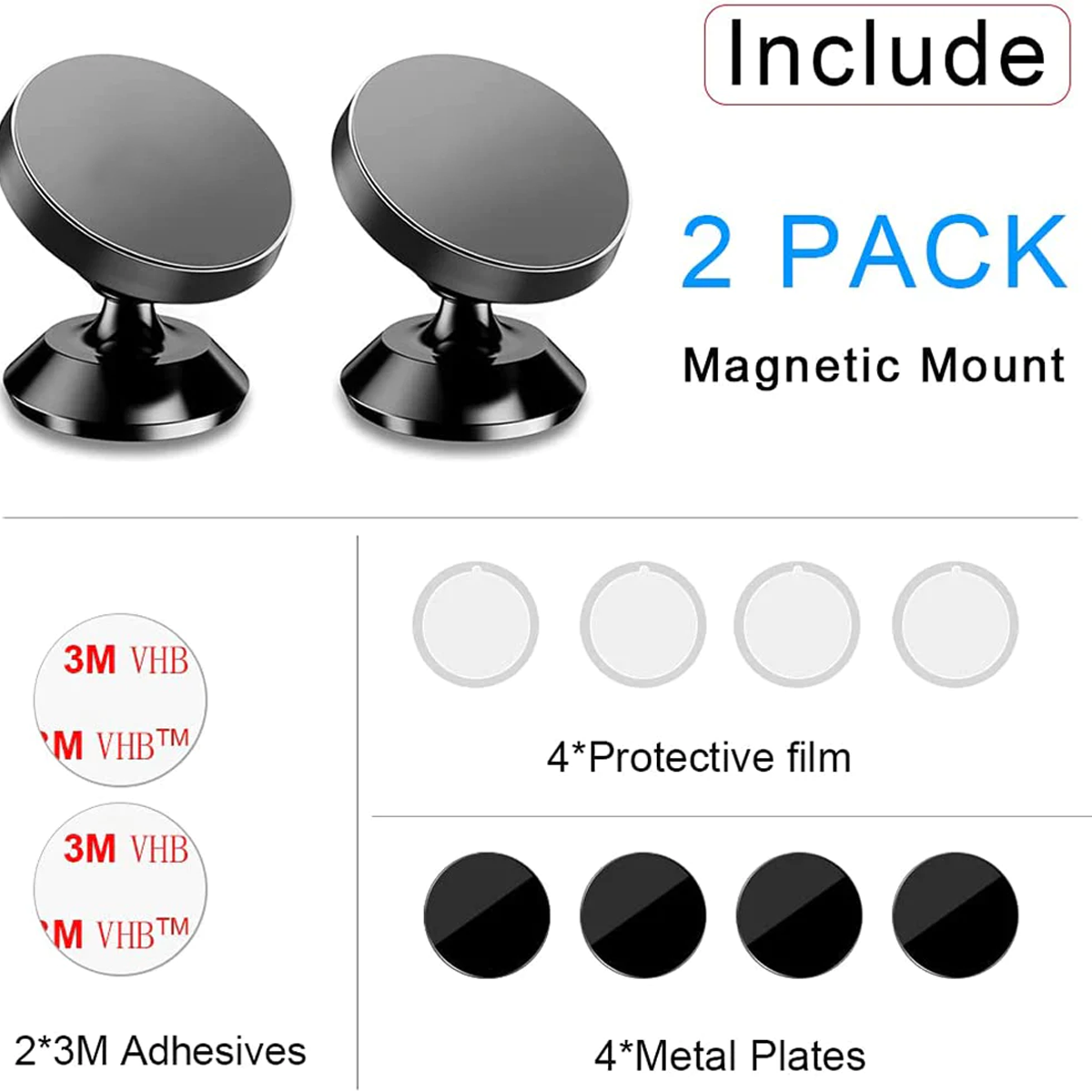 Custom Logo Magnetic Phone Mount, Super Strong Magnet with 4 Metal Plate, 360° Rotation, Set of 2