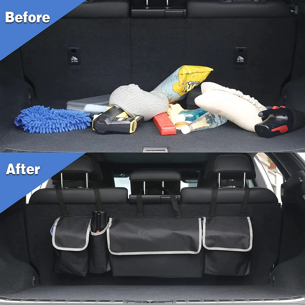 Custom Logo Car Trunk Hanging Organizer, Fit with Volkswagen, Thick Backseat Trunk Storage Bag with 4 Pockets and 3 Adjustable Shoulder Straps, Foldable Car Trunk Interior Accessories Releases Your Trunk Space