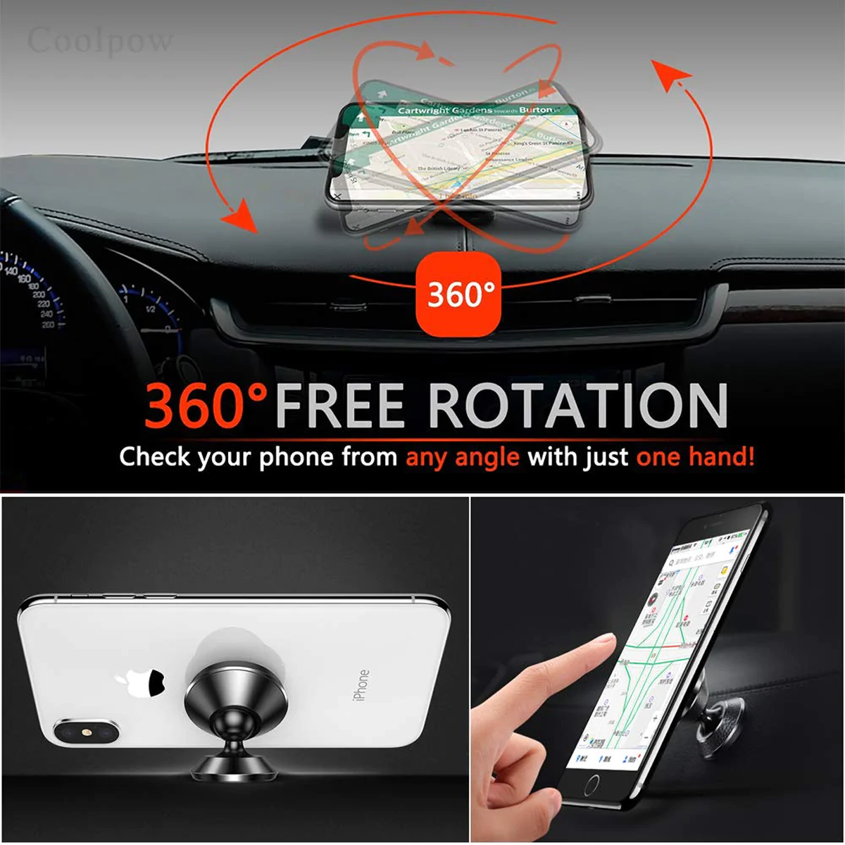 Custom Text Magnetic Phone Mount, Super Strong Magnet with 4 Metal Plate, Car Magnetic Phone Holder, 360° Rotation, Universal Dashboard car Mount Fits All Cell Phones, Set of 2