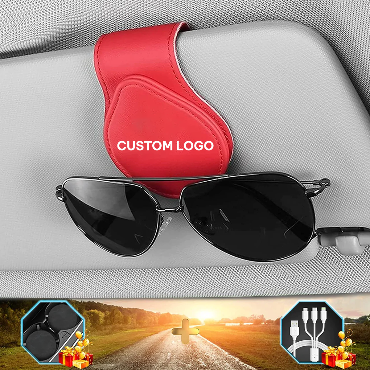 Custom Logo Sunglasses Holder for Car Visor Clips, Leather Magnet Adsorption Visor Accessories Car Organizer for Storing Glasses Tickets Eyeglasses Hanger