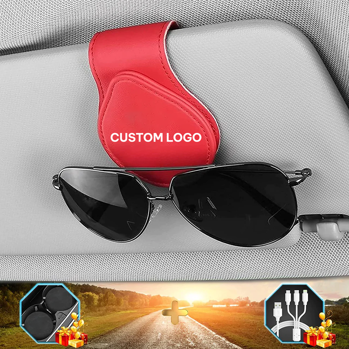 Custom Logo Sunglasses Holder for Car Visor Clips, Fit with Toyota, Leather Magnet Adsorption Visor Accessories Car Organizer for Storing Glasses Tickets Eyeglasses Hanger